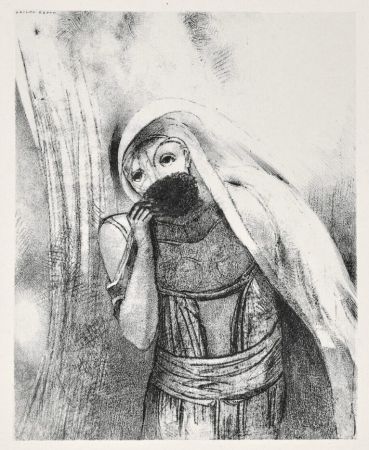 Litografia Redon - Elle tire de sa poitrine une éponge toute noire, la couvre de baisers (from la Tentation de Saint Antoine, troisième série)