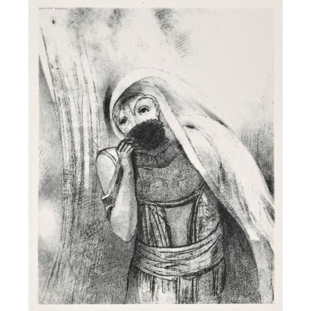 Litografia Redon - Elle tire de sa poitrine une éponge toute noire, la couvre de baisers (from la Tentation de Saint Antoine, troisième série)