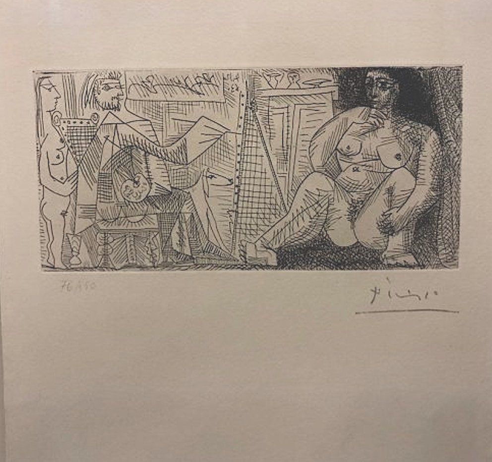 Acquaforte Picasso - En el atelier, pintor, modelo y espectador