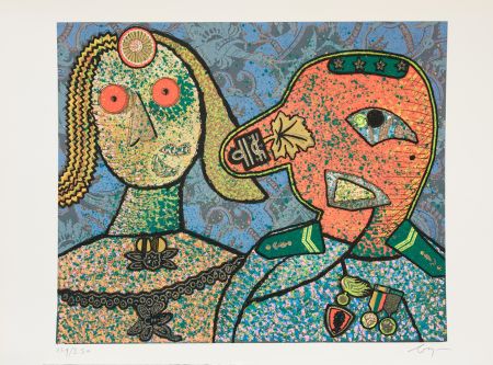 Incisione Baj - Enrico baj (1924–2003) – Il Generale Amin Dada e una delle sue mogli-Mixed media