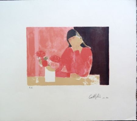 Litografia Cathelin - Femme au Bouquet de Roses