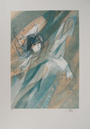Litografia Valadie - Femme aux colombes (le vent)