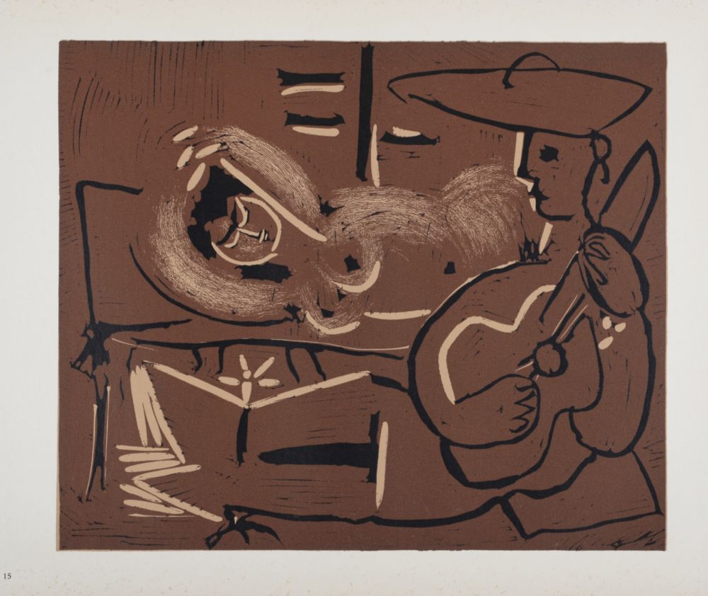 Linoincisione Picasso (After) - Femme couchée et guitariste, 1962