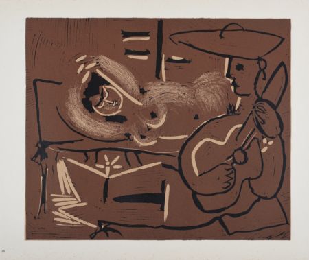 Linoincisione Picasso - Femme couchée et guitariste, 1962