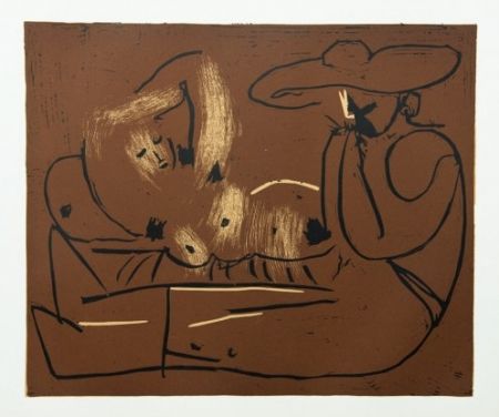 Incisione Picasso - Femme couchée et homme au grand chapeau