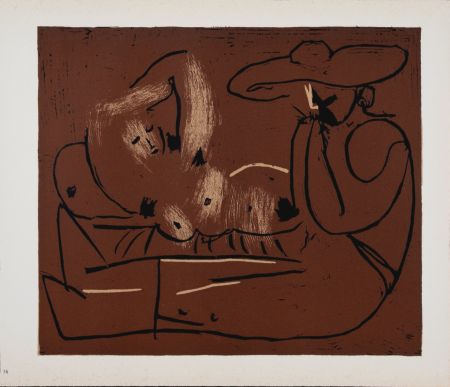 Linoincisione Picasso (After) - Femme couchée et homme au grand chapeau, 1962