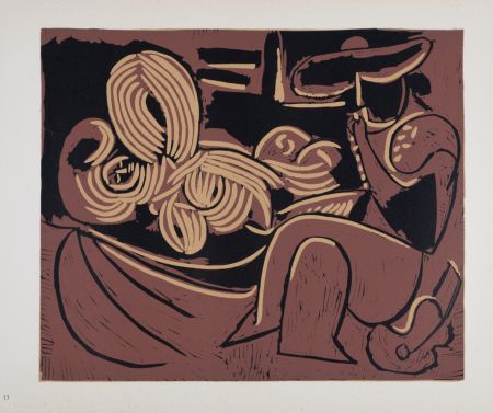 Linoincisione Picasso - Femme couchée et homme à la guitare, 1962