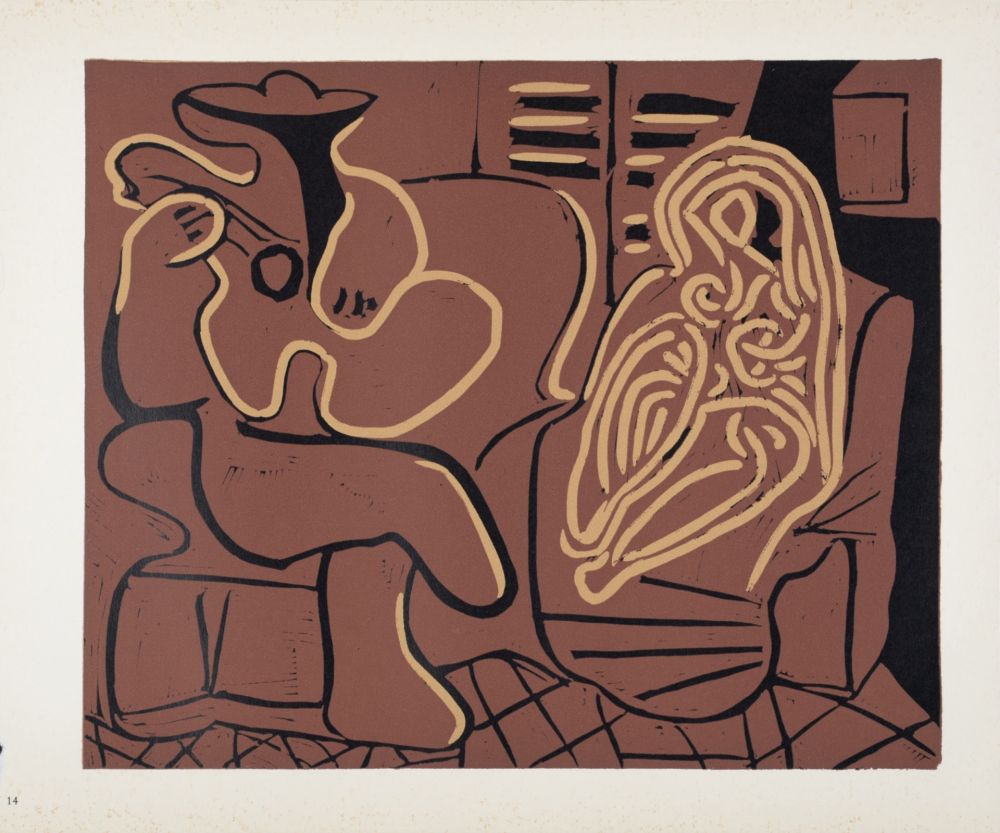 Linoincisione Picasso (After) - Femme dans un fauteuil et guitariste, 1962