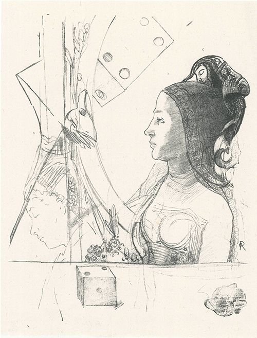 Litografia Redon - Femme de profil, coiffée d'un hénin
