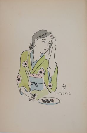 Incisione Foujita - Femme en kimono se coiffant