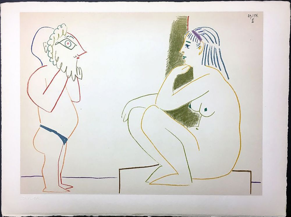 Litografia Picasso - Femme et Satyre (de La Comédie Humaine - Verve 29-30. 1954).