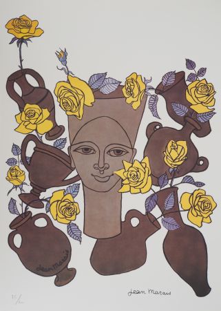 Litografia Marais  - Femme, fleurs et poteries