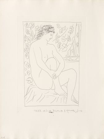 Incisione Picasso - Femme nue assise devant un rideau