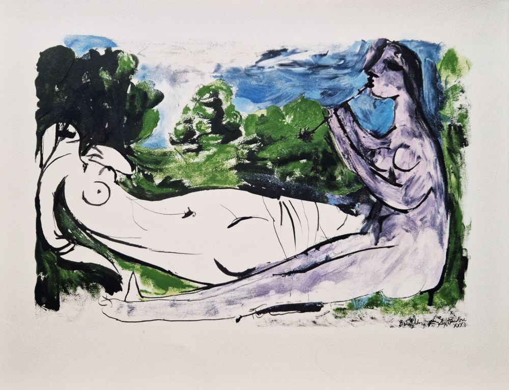 Pochoir Picasso - Femme nue couchée et joueur de flûte