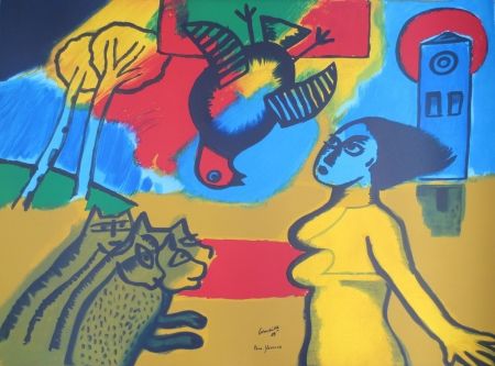 Litografia Corneille - Femme,oiseau,chats.