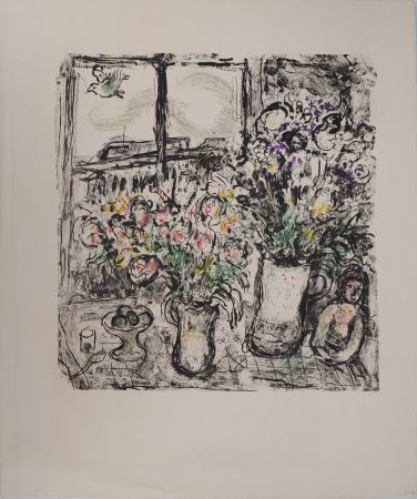 Litografia Chagall - Fleurs devant la fenêtre