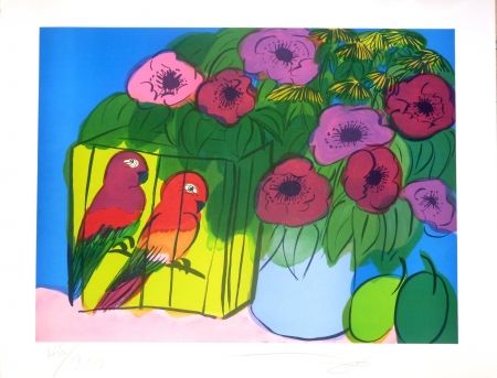 Litografia Ting - Fleurs et perroquets
