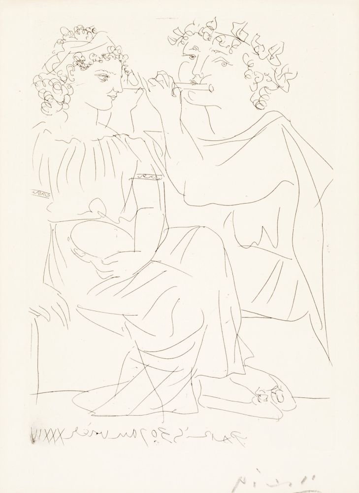 Incisione Picasso - Flûtiste et Jeune Fille au Tambourin (Flutist and Tambourine girl) from the Vollard Suite, 1934