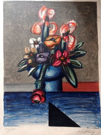 Litografia Priking - Franz Priking, Still Life with Flowers, 60's, Large Hand signed Lithograph, Hand signed!