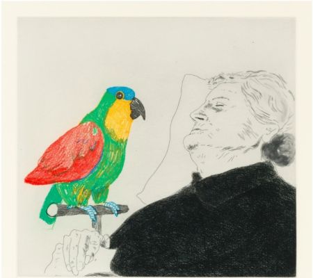 Acquaforte Hockney -  Félicité sleeping with Parrot. 1974