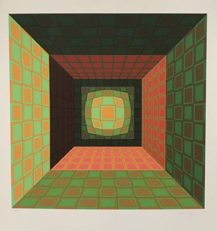 Serigrafia Vasarely - Green and Orange Composition