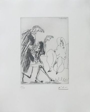 Acquaforte Picasso - Grosse courtisane saluée par trois gentilshommes linéaires (Les 347, pl. 183)