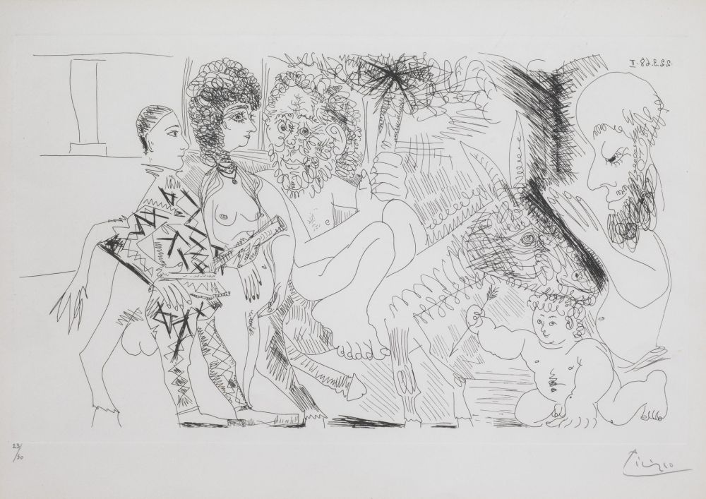 Incisione Picasso - Groupe avec Vieillard à la Torche sur un Ane Amoureux, Femme et Arlequin, (Bloch. 1484; Ba. 1499)