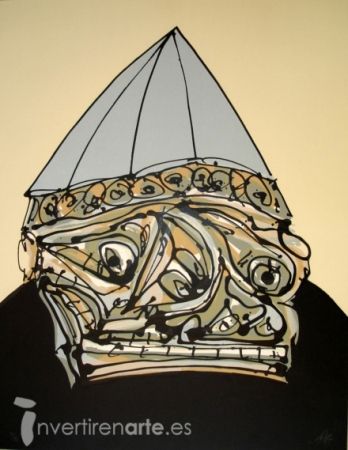 Litografia Saura - Guerrero con casco, de la serie Galería de América