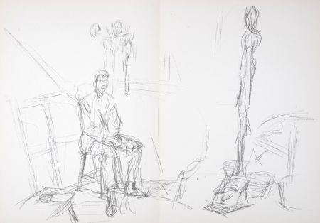 Litografia Giacometti - Homme assis et sculpture, 1961