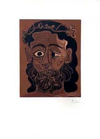 Linoincisione Picasso - Homme barbu couronné de vignes