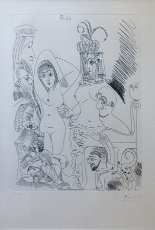 Acquaforte Picasso - Homme barbu songeant à une scène des Mille et une nuits, avec derrière lui des ancêtres réprobateurs