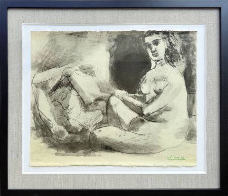 Litografia Picasso - Homme couché et femme assise