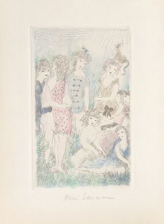 Incisione Laurencin - Huit filles dans un pré