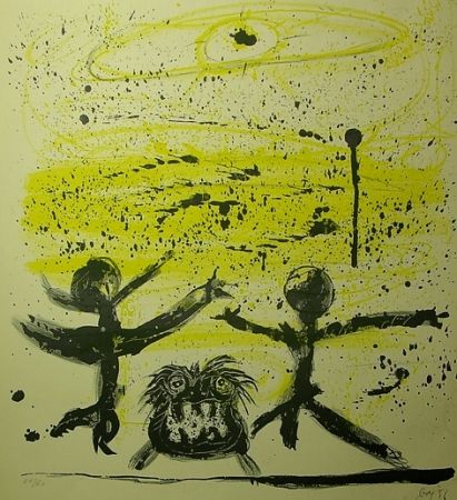 Litografia Baj - Il cielo era giallo e due personaggi danzavano col loro cane