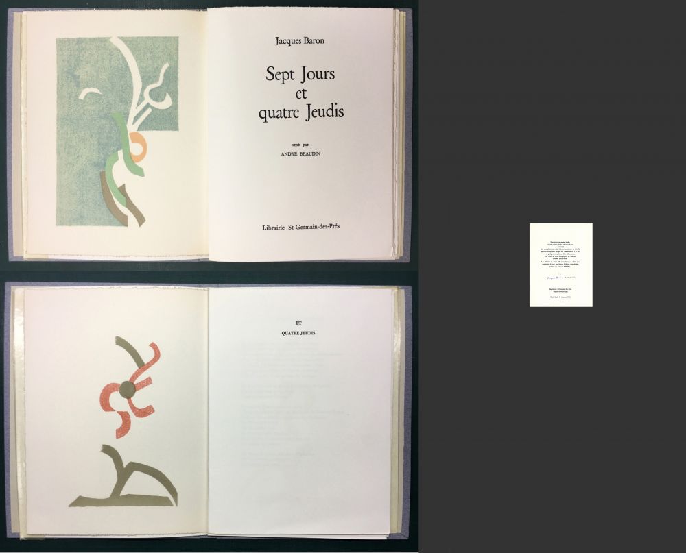 Libro Illustrato Beaudin - Jacques Baron : SEPT JOURS ET QUATRE JEUDIS. 2 lithographies originales en couleurs.