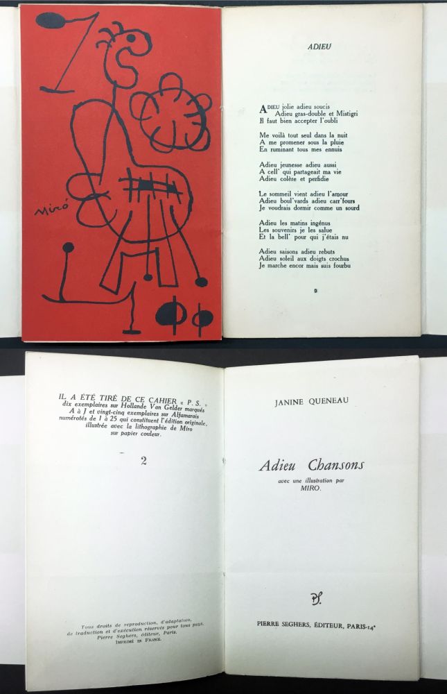 Libro Illustrato Miró - Janine Queneau : ADIEU CHANSONS. Avec une illustration par Miro (1951).