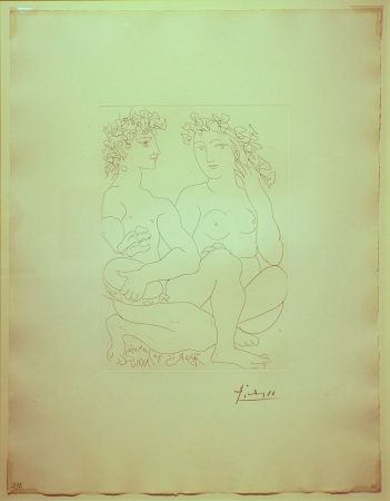 Incisione Picasso - Jeune Couple,Accroupi,l'Homme avec un tambourin