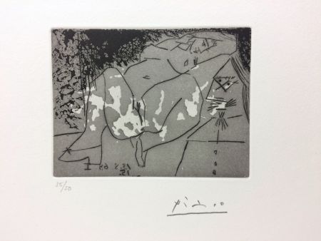 Incisione Picasso - Jeune femme et « mousquetaire ». Aquatinte. 1968. 