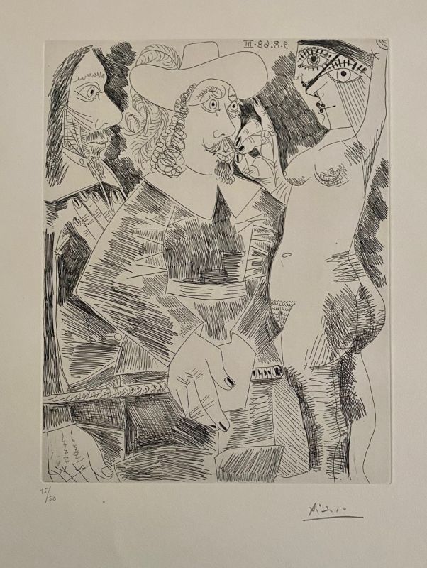 Acquaforte Picasso - Jeune femme tirant la moustache d'un gentilhomme en train de tortiller son jonc 