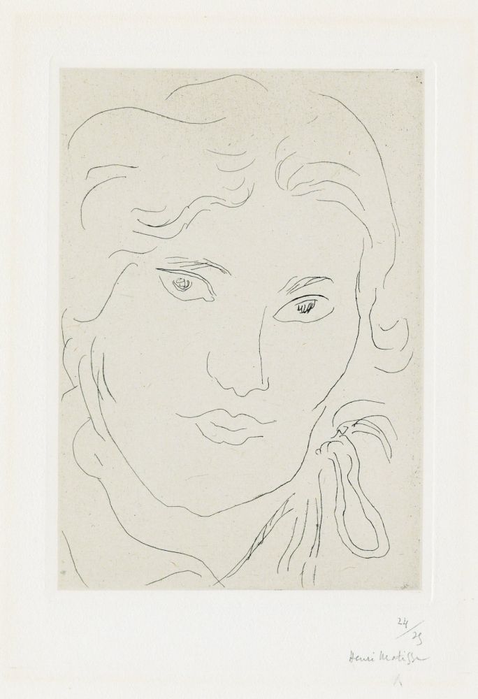 Incisione Matisse - Jeune fille de face, flot de ruban sur l'épaule gauche