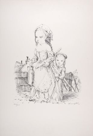 Litografia Foujita - Jeune fille et l'Enfant à la baguette et au pot, 1954 - Hand-signed