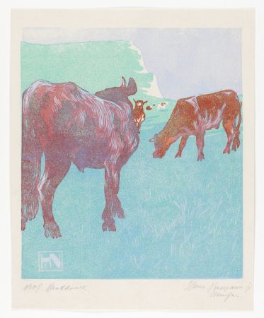 Incisione Su Legno Neumann - Jungbullen auf der Weide (Young bulls in the pasture)