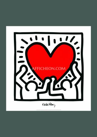 Litografia Haring - Keith Haring: 'Untitled (Figures with Red Heart)' 1988 Offset-lithograph
