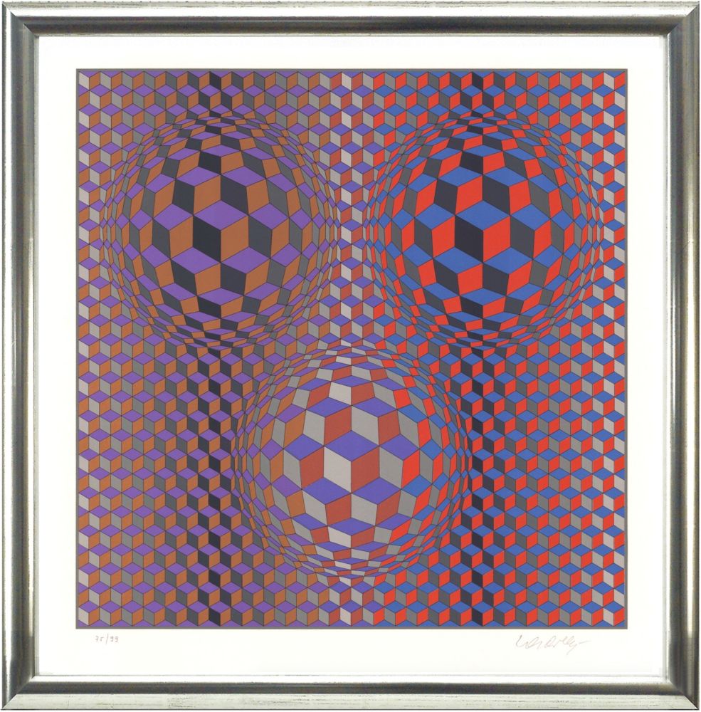 Litografia Vasarely - Komposition in Rot und Violett