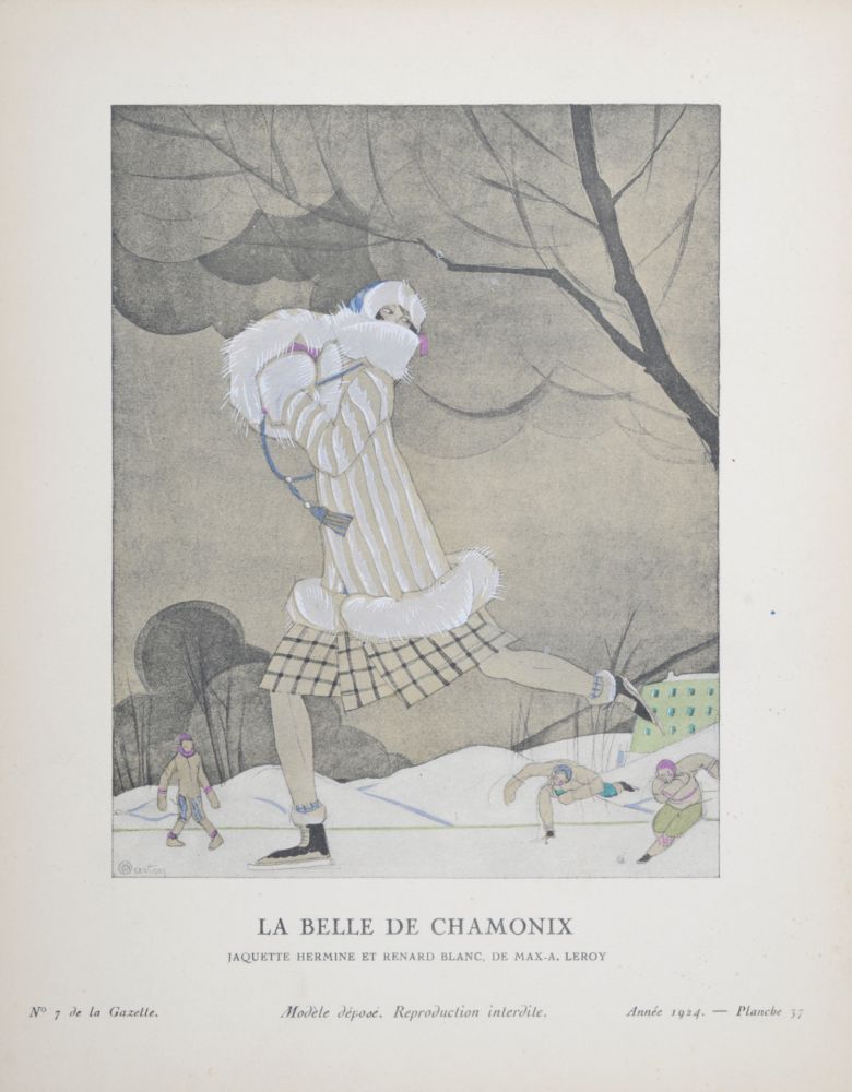 Litografia Martin - La Belle de Chamonix, Jaquette hermine et renard blanc de Max-A. Leroy, 1924