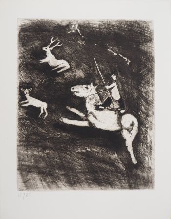 Incisione Chagall - La chevauchée (Le cheval s'étant voulu venger du cerf)