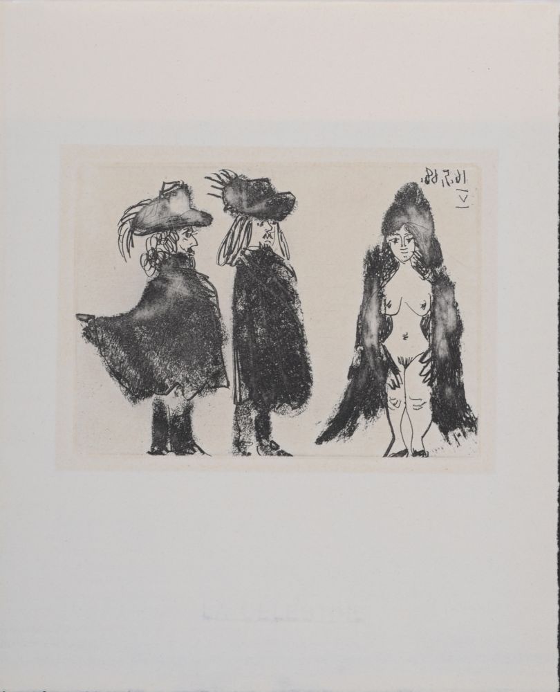 Incisione Picasso - La Célestine - Cavalerie, son valet et jeune fille, 1971
