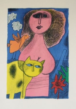 Litografia Corneille - La femme au chat jaune