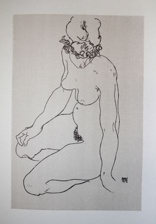 Litografia Schiele - LA  FILLE A GENOUX / THE GIRL ON THE KNEES (Edith Harms) - Lithographie / Lithograph - 1913
