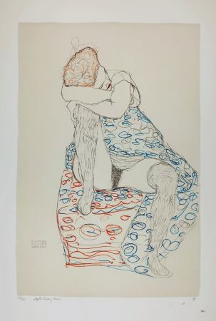 Litografia Klimt - La  fille aux bas de soie assise sur le tabouret, 1910 / Sitzende mit gerafftem Rock / Seated Female Semi-Nude in Patterned Dress, Her Head Resting on Her Right Knee